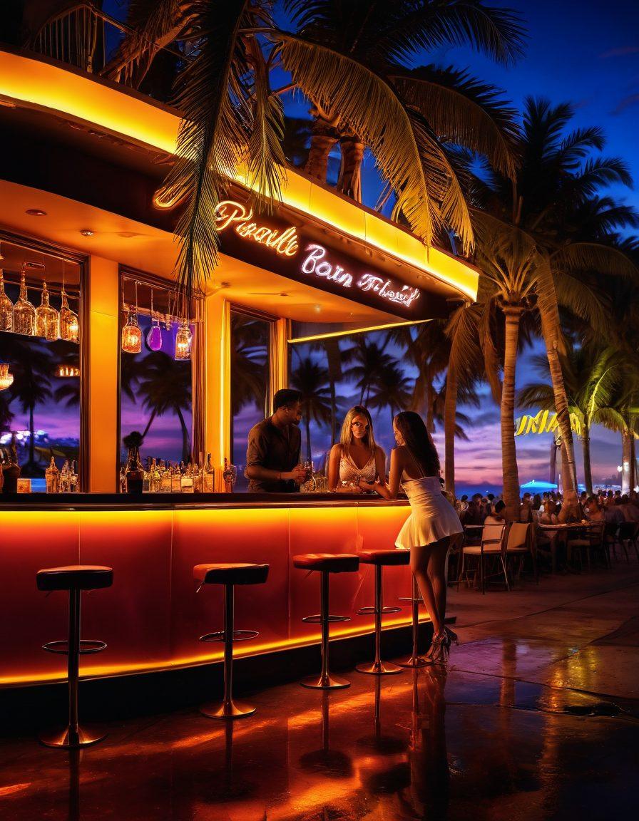 A vibrant Miami nightlife scene with neon lights reflecting on the streets, a classy bar filled with well-dressed people enjoying cocktails, a couple happily dancing, and illuminated signs indicating various entertainment options like escort services and dating events. The backdrop includes palm trees and a stunning sunset over the beach. super-realistic. vibrant colors. night-time ambiance.