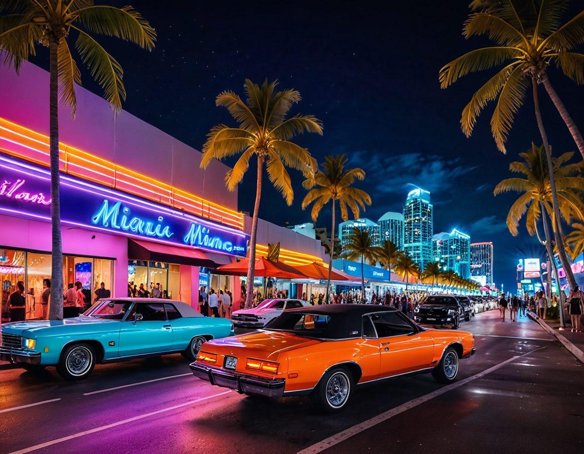 A vibrant Miami skyline at night with neon lights illuminating the city streets. Various nightclubs with queues of elegantly dressed people, spotlight on glamorous women in shimmering dresses. Luxury cars parked outside, tropical palm trees in the background. super-realistic. vibrant colors.